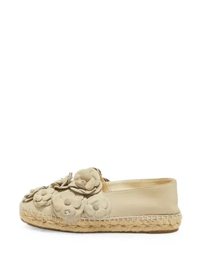 Pre-owned Chanel Camellia Nubuck-leather Espadrilles In Neutral