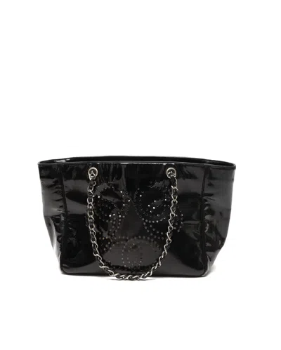 Pre-owned Chanel Camellia Patent Chain Tote Bag In Black
