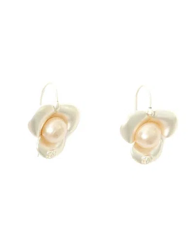 Pre-owned Chanel Camellia Pearl Earrings In White