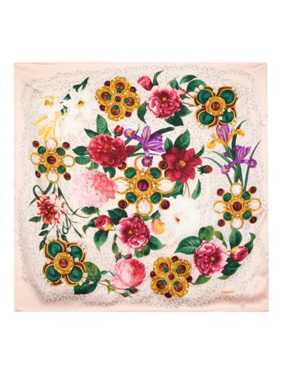 Pre-owned Chanel Camellia Pearl Silk Scarf In Pink