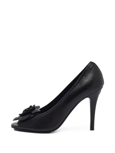 Pre-owned Chanel Camellia Peep-toe Pumps In Black
