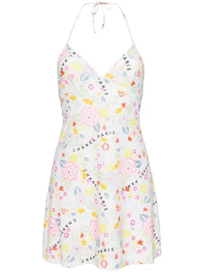 Pre-owned Chanel Camellia-print Mini Dress In White