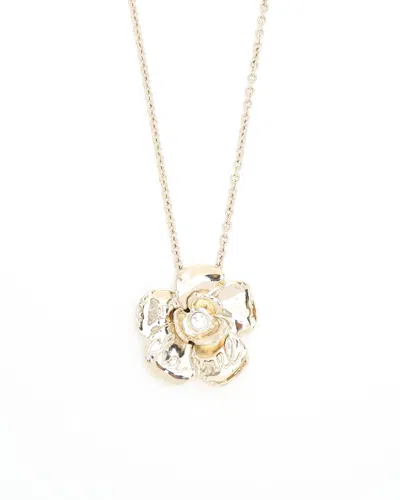 Pre-owned Chanel Camellia Rhinestone Long Necklace In Gold