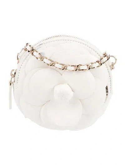 Pre-owned Chanel Camellia Round Clutch W/ Chain In White
