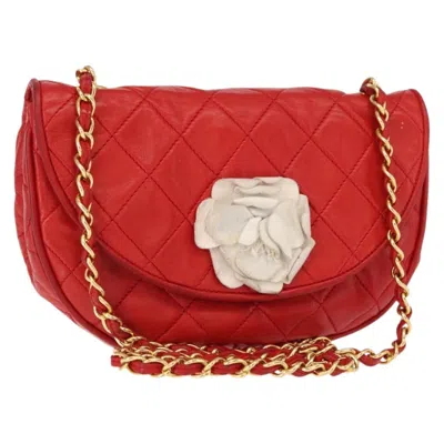Pre-owned Chanel Camellia Rounded Clutch Satin And Leather Red Leather Shoulder Bag Bag ()