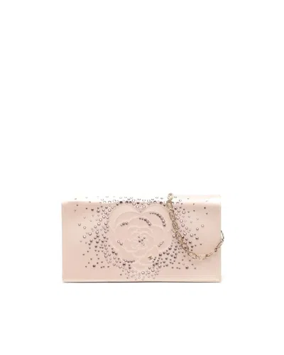 Chanel Camellia Satin Rhinestone Chain Clutch Bag In Pink