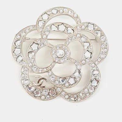 Pre-owned Chanel Camellia Silver Crystals Brooch