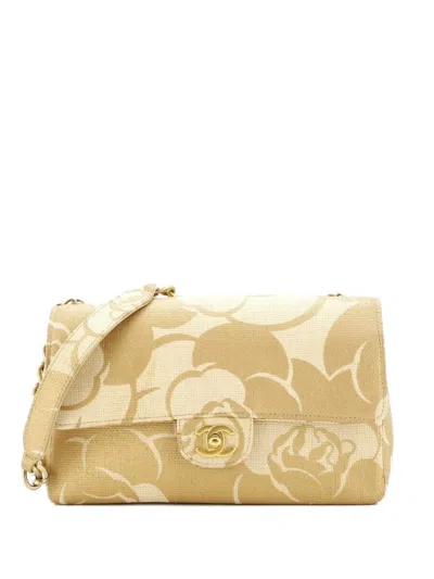 Pre-owned Chanel Camellia Single Flap Bag Printed Raffia Medium Shoulder Bag In Gold