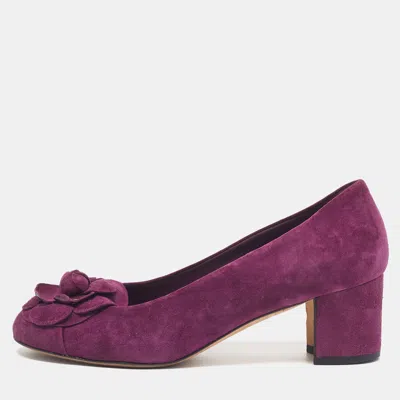 Pre-owned Chanel Camellia Size 36.5 Purple Suede Block Heel Pumps