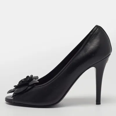 Pre-owned Chanel Camellia Size 37 Black Leather Peep Toe Pumps