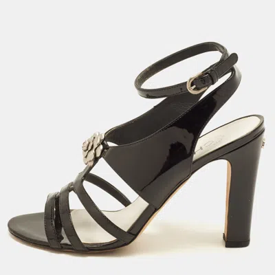 Pre-owned Chanel Camellia Size 37 Black Patent Leather Ankle Strap Sandals