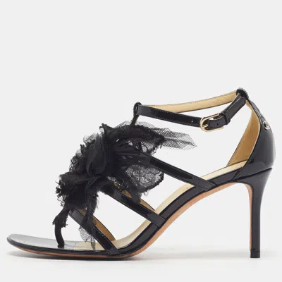 Pre-owned Chanel Camellia Size 37.5 Black Lace And Patent Leather Ankle Strap Sandals
