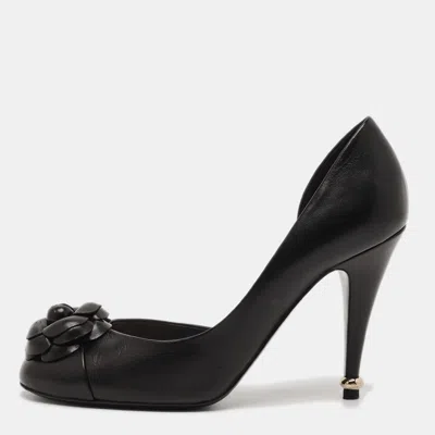 Pre-owned Chanel Camellia Size 39 Black Leather D'orsay Pumps