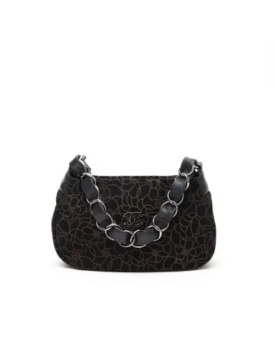 Pre-owned Chanel Camellia Suede Chain Bag In Black