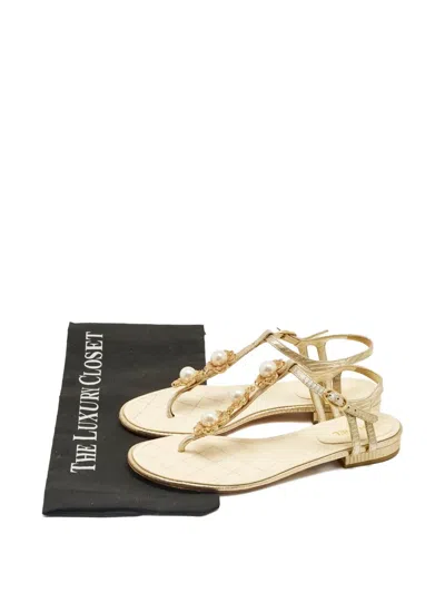 Pre-owned Chanel Camellia T-strap Leather Sandals In Gold