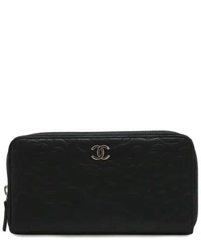 Chanel Camellia Zip Wallet Leather (authentic Pre-loved) In Black/black