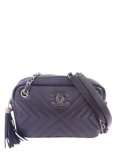 Pre-owned Chanel Camera Cc-logo Chevron-quilted Shoulder Bag In Blue