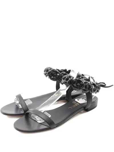 Pre-owned Chanel Camillia-embellished Flat Sandals In Black