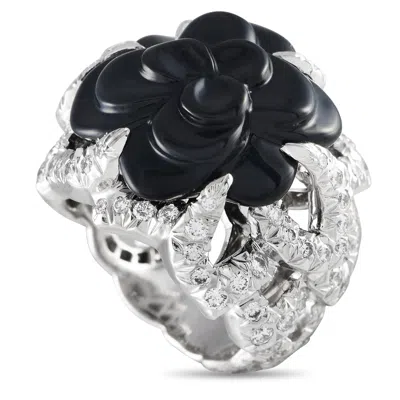 Pre-owned Chanel Camlia 18k White Gold 2.50ct Diamond And Onyx Cocktail Ring Ch08-012224