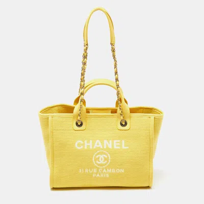Pre-owned Chanel Canvas And Leather Small Deauville Shopper Tote In Yellow