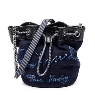 Pre-owned Chanel Canvas Embroidered Wool Bucket Chain Bag In Blue
