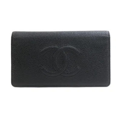 Pre-owned Chanel Canvas Leather Long Wallet (bi-fold) () In Black
