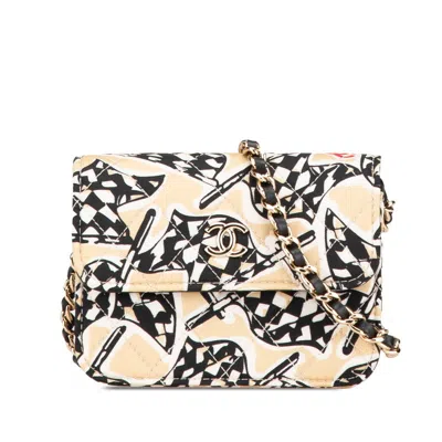 Pre-owned Chanel Canvas Leather Mini Chain Shoulder Bag In Sand