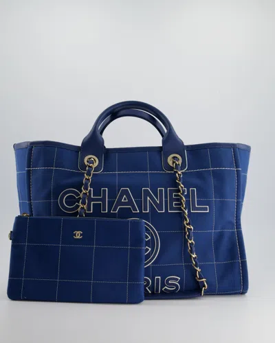 Pre-owned Chanel Canvas Medium Deauville Tote Bag With Champagne Gold Hardware In Blue