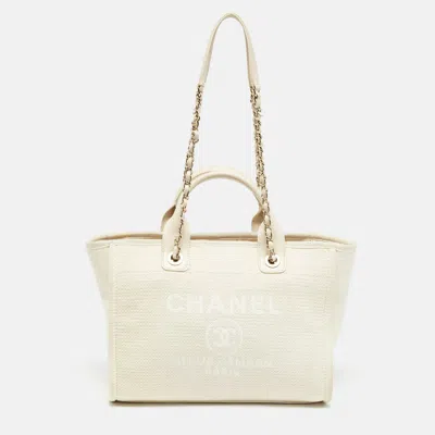 Pre-owned Chanel Canvas Small Deauville Tote In White