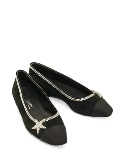 Pre-owned Chanel Canvas Suede And Crystal-star Ballet Flats In Black