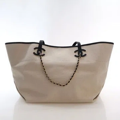 Pre-owned Chanel Canvas Tote Large In Neutral