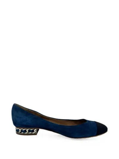 Pre-owned Chanel Cap Toe Chain Ballet Flats In Blue