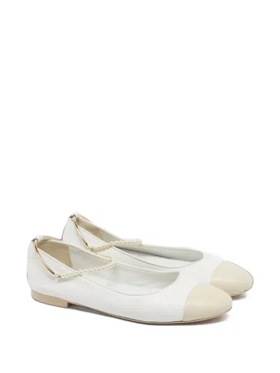 Pre-owned Chanel Cap-toe Leather Ankle Strap Ballet Flats In White