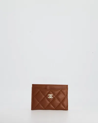 Pre-owned Chanel Caramel Caviar Card Holder With Champagne Gold Cc Logo In Brown