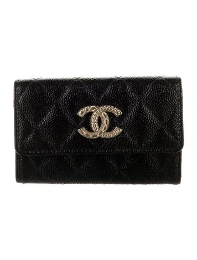 Pre-owned Chanel Card Holder Flap Interlocking Cc Logo Card Holder In Black