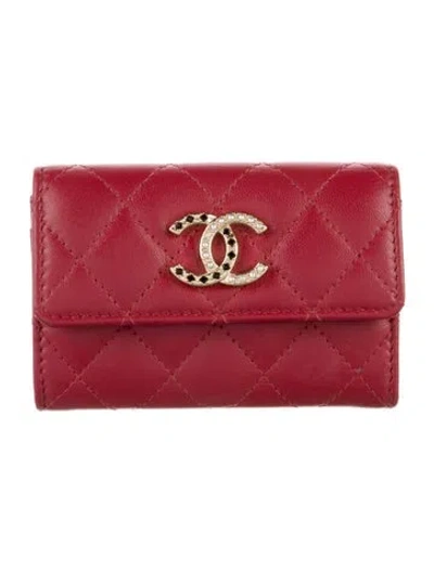 Pre-owned Chanel Card Holder Flap Interlocking Cc Logo Card Holder In Red