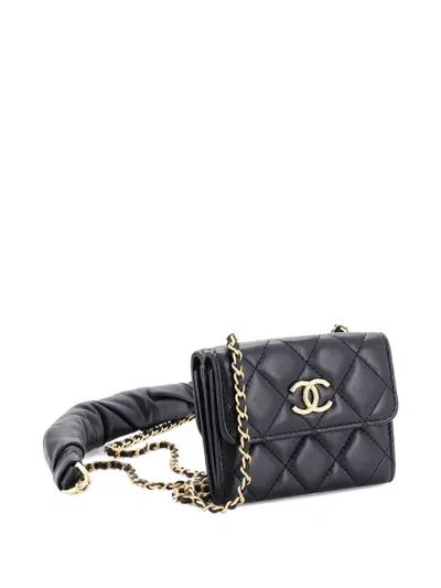Pre-owned Chanel Card Holder With Padded Chain Strap Quilted Lambskin Shoulder Bag In Black