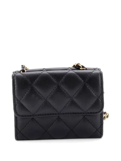 Pre-owned Chanel Card Holder With Padded Chain Strap Quilted Lambskin Shoulder Bag In Black