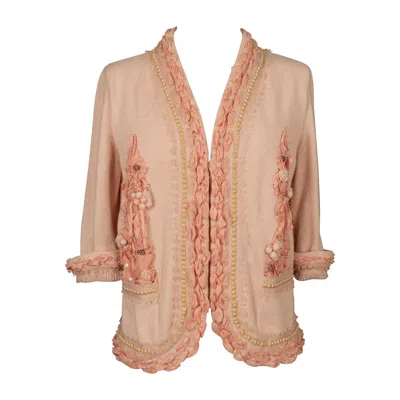 Pre-owned Chanel Cardigan In Pink Cashmere Enhanced With Ribbons, Pearls