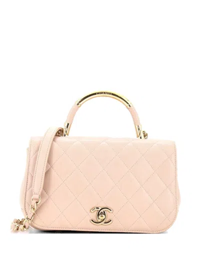 Pre-owned Chanel Carry Chic Flap Bag Quilted Lambskin Small Satchel In Neutral