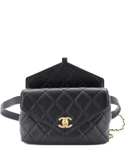 Pre-owned Chanel Carry With Chic Chain Flap Waist Bag Quilted Calfskin Belt Bag In Black
