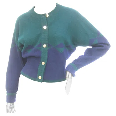 Pre-owned Chanel Cashmere Blue & Green Gilt Metal Logo Button Cardigan Circa 1990