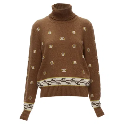 Pre-owned Chanel Cashmere Cc Logo Intarsia Turtleneck Sweater In Brown