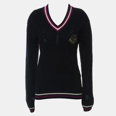 Pre-owned Chanel Cashmere Dark Blue Embellished V-neck Knit Sweater Fr 38
