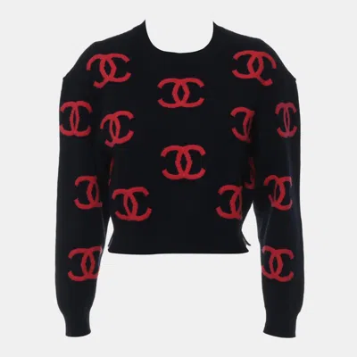 Pre-owned Chanel Cashmere Navy/pink Cc Sweater Fr 34 In Blue