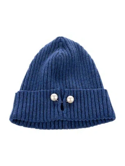 Pre-owned Chanel Cashmere Solid Pearl Beanie In Blue