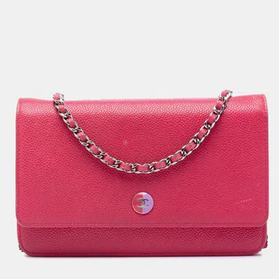 Pre-owned Chanel Caviar Bicolor Cc Mini Fuchsia Caviar Leather Wallet On Chain Crossbody Bag In Pink
