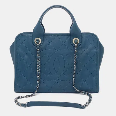 Pre-owned Chanel Caviar Blue Tote And Shoulder Bag