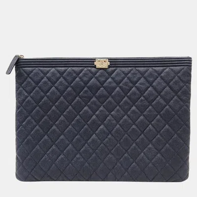 Pre-owned Chanel Caviar Boy Clutch Large A84407 In Navy Blue