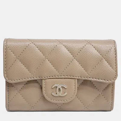 Pre-owned Chanel Caviar Card Holder Ap0214 In Beige